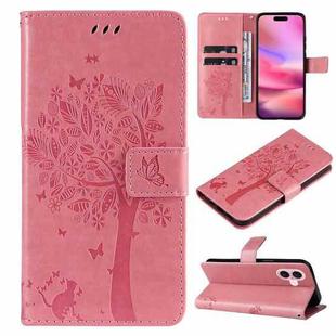 For iPhone 16 Tree & Cat Embossed Pattern Flip Leather Phone Case(Pink)