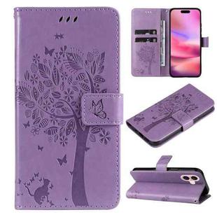 For iPhone 16 Tree & Cat Embossed Pattern Flip Leather Phone Case(Light Purple)