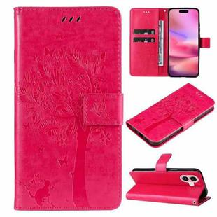 For iPhone 16 Tree & Cat Embossed Pattern Flip Leather Phone Case(Rose Red)