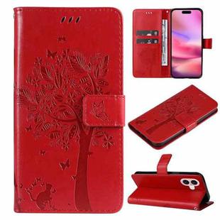 For iPhone 16 Tree & Cat Embossed Pattern Flip Leather Phone Case(Red)