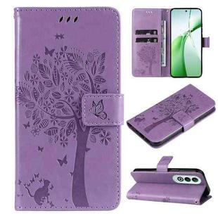 For OnePlus Nord CE4 Tree & Cat Embossed Pattern Flip Leather Phone Case(Light Purple)