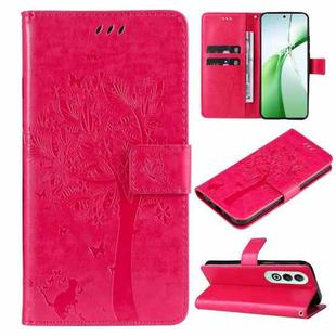 For OnePlus Nord CE4 Tree & Cat Embossed Pattern Flip Leather Phone Case(Rose Red)