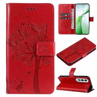 For OnePlus Nord CE4 Tree & Cat Embossed Pattern Flip Leather Phone Case(Red)