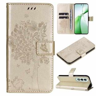 For OnePlus Nord CE4 Tree & Cat Embossed Pattern Flip Leather Phone Case(Gold)