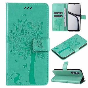 For Realme C65 4G Tree & Cat Embossed Pattern Flip Leather Phone Case(Green)