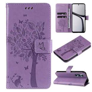 For Realme C65 4G Tree & Cat Embossed Pattern Flip Leather Phone Case(Light Purple)