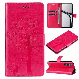 For Realme C65 4G Tree & Cat Embossed Pattern Flip Leather Phone Case(Rose Red)