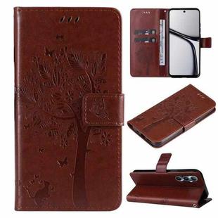 For Realme C65 4G Tree & Cat Embossed Pattern Flip Leather Phone Case(Coffee)
