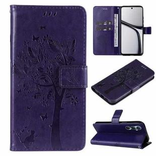 For Realme C65 4G Tree & Cat Embossed Pattern Flip Leather Phone Case(Purple)