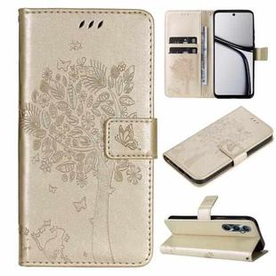 For Realme C65 4G Tree & Cat Embossed Pattern Flip Leather Phone Case(Gold)
