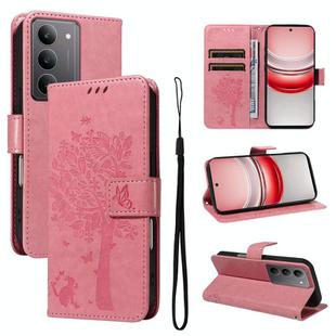 For Realme 14x 5G Global Tree & Cat Embossed Pattern Flip Leather Phone Case(Pink)