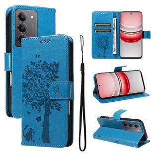 For Realme 14x 5G Global Tree & Cat Embossed Pattern Flip Leather Phone Case(Blue)