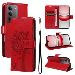 For Realme 14x 5G Global Tree & Cat Embossed Pattern Flip Leather Phone Case(Red)