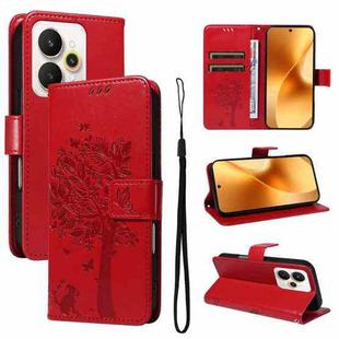 For Realme 15 5G Tree & Cat Embossed Pattern Flip Leather Phone Case(Red)