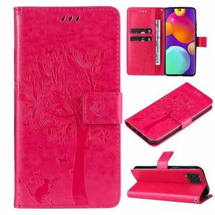 For Samsung Galaxy M62 / F62 Tree & Cat Embossed Pattern Flip Leather Phone Case(Rose Red)