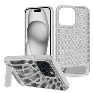 For iPhone 15 Honeycomb Cooling MagSafe Phone Case with Invisible Holder(Silver)