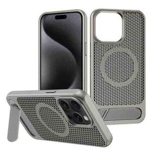 For iPhone 15 Pro Honeycomb Cooling MagSafe Phone Case with Invisible Holder(Grey)