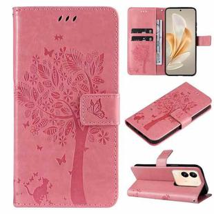 For vivo V29e Global / Y200 5G Global Tree & Cat Embossed Pattern Flip Leather Phone Case(Pink)