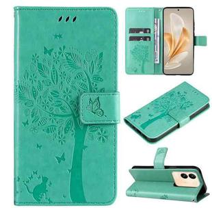 For vivo V29e Global / Y200 5G Global Tree & Cat Embossed Pattern Flip Leather Phone Case(Green)