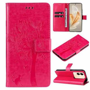 For vivo V29e Global / Y200 5G Global Tree & Cat Embossed Pattern Flip Leather Phone Case(Rose Red)