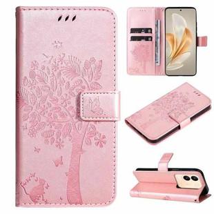 For vivo V29e Global / Y200 5G Global Tree & Cat Embossed Pattern Flip Leather Phone Case(Rose Gold)