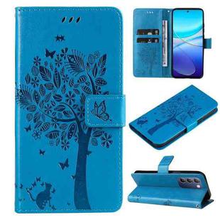For vivo V40 SE 5G / Y100 IDN Tree & Cat Embossed Pattern Flip Leather Phone Case(Blue)