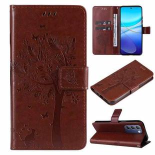 For vivo V40 SE 5G / Y100 IDN Tree & Cat Embossed Pattern Flip Leather Phone Case(Coffee)