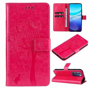 For vivo Y200e 5G Global / V30 Lite India Tree & Cat Embossed Pattern Flip Leather Phone Case(Rose Red)