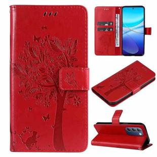 For vivo Y200e 5G Global / V30 Lite India Tree & Cat Embossed Pattern Flip Leather Phone Case(Red)