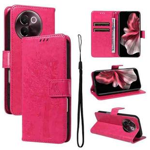 For vivo V30E / V40 Lite Global Tree & Cat Embossed Pattern Flip Leather Phone Case(Rose Red)