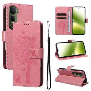 For vivo Y400 5G Tree & Cat Embossed Pattern Flip Leather Phone Case(Pink)
