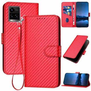 For vivo Y33s 4G Global / Y21t YX0070 Carbon Fiber Buckle Leather Phone Case with Lanyard(Red)