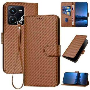 For vivo Y35 4G/Y22 4G/Y22s 4G YX0070 Carbon Fiber Buckle Leather Phone Case with Lanyard(Coffee)