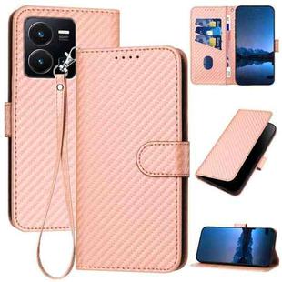 For vivo Y35 4G/Y22 4G/Y22s 4G YX0070 Carbon Fiber Buckle Leather Phone Case with Lanyard(Pink)