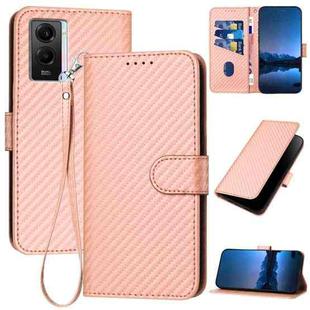 For vivo Y55 5G/Y55s 5G 2023 Global YX0070 Carbon Fiber Buckle Leather Phone Case with Lanyard(Pink)
