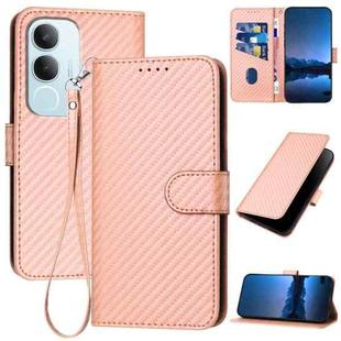 For vivo Y19s Global YX0070 Carbon Fiber Buckle Leather Phone Case with Lanyard(Pink)