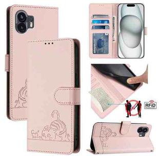 For Nothing Phone 2A Cat Rat Embossed Pattern RFID Leather Phone Case with Lanyard(Pink)
