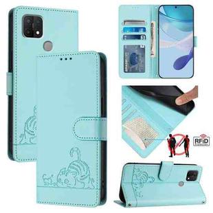 For OPPO A15 / A15S / A35 2021 Cat Rat Embossed Pattern RFID Leather Phone Case with Lanyard(Mint Green)