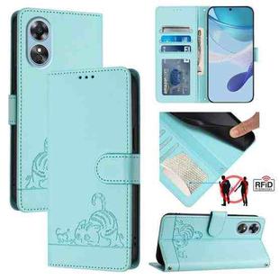 For OPPO A17 4G Global / A17K Cat Rat Embossed Pattern RFID Leather Phone Case with Lanyard(Mint Green)