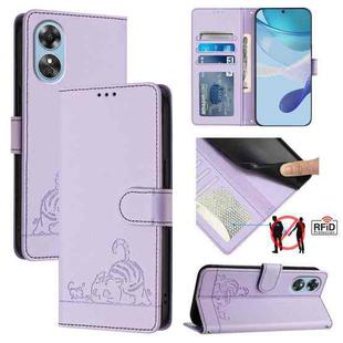 For OPPO A17 4G Global / A17K Cat Rat Embossed Pattern RFID Leather Phone Case with Lanyard(Purple)