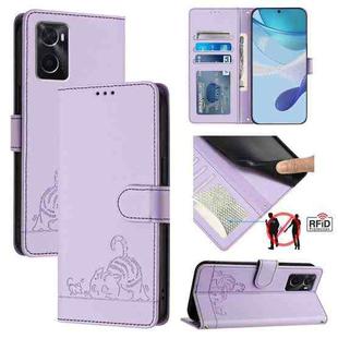 For OPPO A36 4G / A76 4G Cat Rat Embossed Pattern RFID Leather Phone Case with Lanyard(Purple)