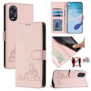 For OPPO A38 4G / A18 4G Global Cat Rat Embossed Pattern RFID Leather Phone Case with Lanyard(Pink)