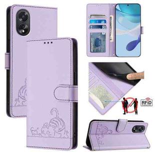 For OPPO A38 4G / A18 4G Global Cat Rat Embossed Pattern RFID Leather Phone Case with Lanyard(Purple)