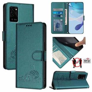 For OPPO A16 / A16S / A55S 5G Cat Rat Embossed Pattern RFID Leather Phone Case with Lanyard(Peacock Green)