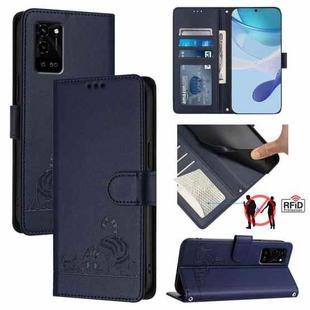 For OPPO A53S 5G / A56 5G Cat Rat Embossed Pattern RFID Leather Phone Case with Lanyard(Blue)