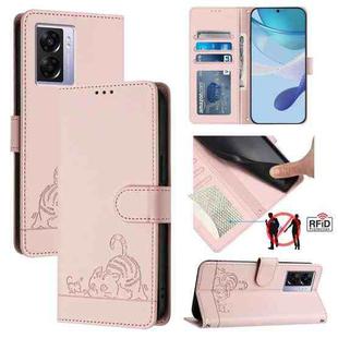 For OPPO A77 5G / A97 5G Cat Rat Embossed Pattern RFID Leather Phone Case with Lanyard(Pink)