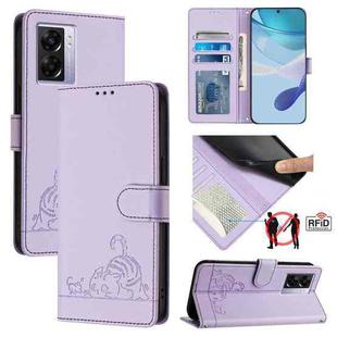 For OPPO A77 5G / A97 5G Cat Rat Embossed Pattern RFID Leather Phone Case with Lanyard(Purple)