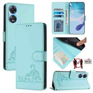 For OPPO A78 5G Global / A1X 5G Cat Rat Embossed Pattern RFID Leather Phone Case with Lanyard(Mint Green)