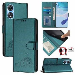 For OPPO A78 5G Global / A1X 5G Cat Rat Embossed Pattern RFID Leather Phone Case with Lanyard(Peacock Green)