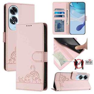 For OPPO A60 4G Global Cat Rat Embossed Pattern RFID Leather Phone Case with Lanyard(Pink)